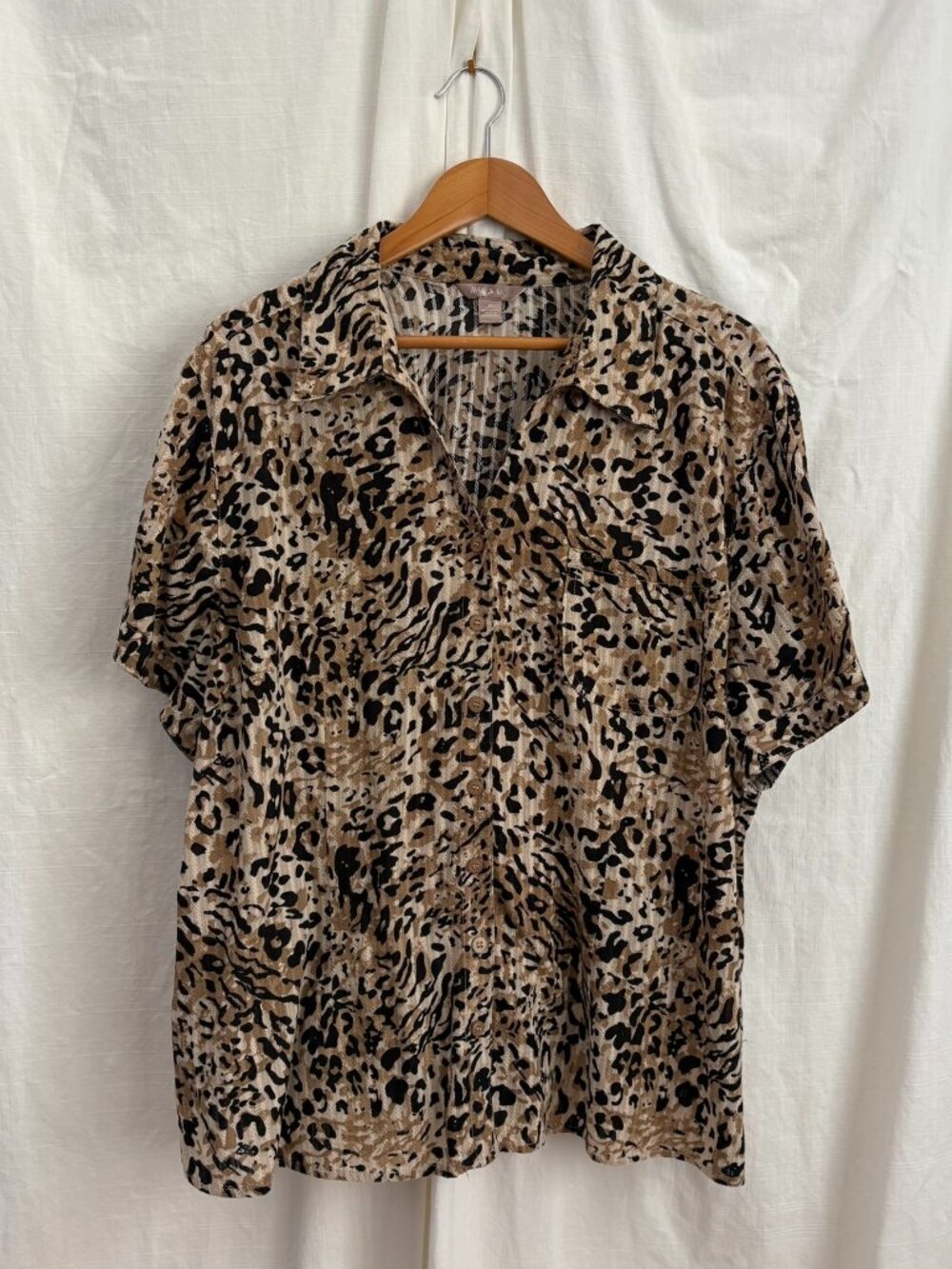 White Stag Plus Size 3X Short Sleeve Cotton Button Down Shirt Leopard Animal